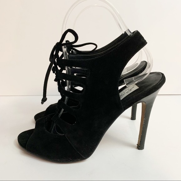 David Dixon Black Velvet Tie Up Front Cage Heel Women’s Size 7 - Picture 10 of 13